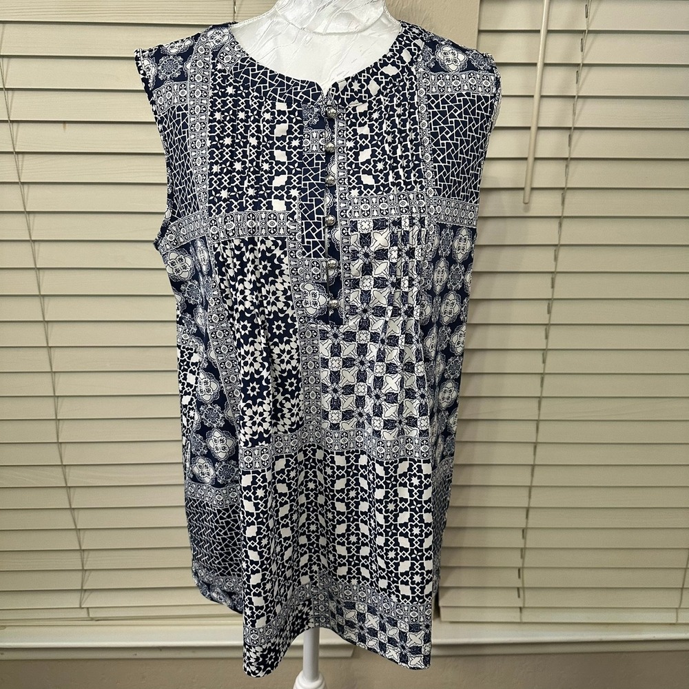 PerSeption Concept Tunic‎ Top Womens Large Blue Patchwork Geometric Sleeveless